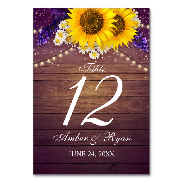 Rustic Purple Yellow Sunflower Floral Country Barn Table Number (Front)