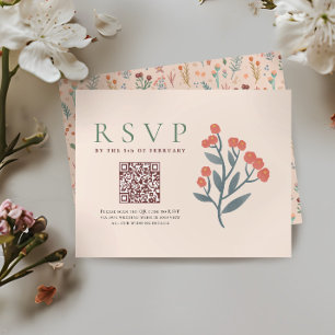 Rustic QR Code Boho Wildflowers Wedding RSVP Card