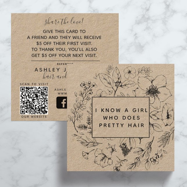 Rustic QR Code Botanical Kraft Black Referral Card (QR Code Social Media Referral Card)