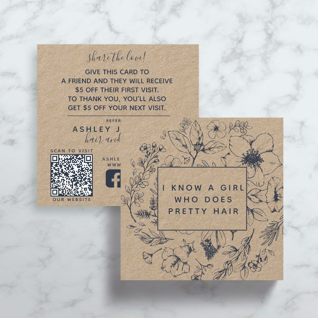Rustic QR Code Botanical Kraft Navy Blue Referral Square Business Card (Creator Uploaded)
