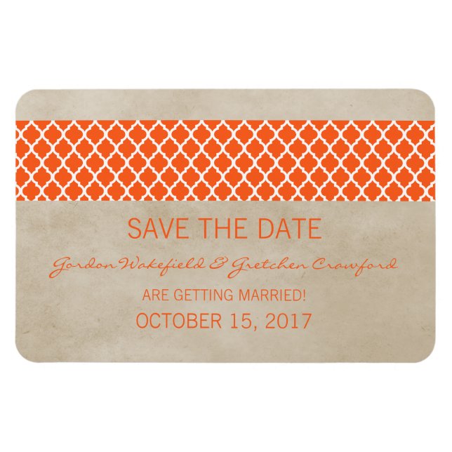 Rustic Quatrefoil Save the Date Magnet, Orange Magnet (Horizontal)