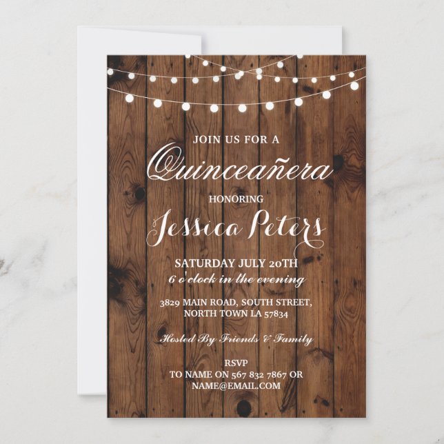 Rustic Quinceanera Party Floral Wood Lights Invite (Front)