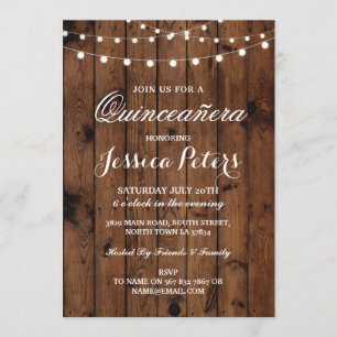 Rustic Quinceanera Party Floral Wood Lights Invite