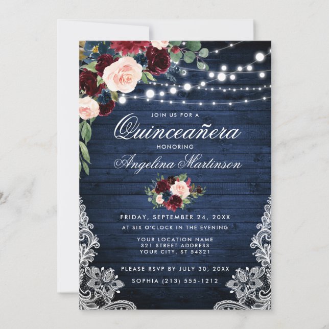Rustic Quinceanera Wood Burgundy Blue Floral Invitation (Front)