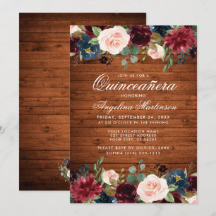 Rustic Quinceanera Wood Burgundy Blue Pink Floral Invitation