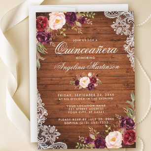 Rustic Quinceanera Wood Lace Burgundy Floral Invitation