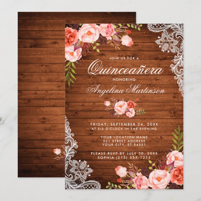 Rustic Quinceanera Wood Lace Coral Floral Invitation (Front/Back)