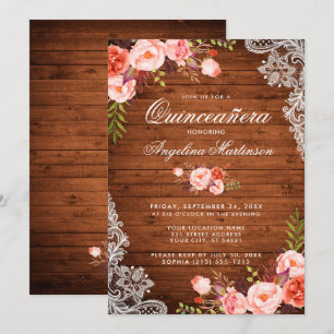 Rustic Quinceanera Wood Lace Coral Floral Invitation