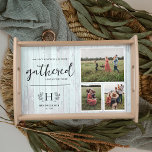 Rustic Quote Family Name Monogram 3 Photo Serving Tray<br><div class="desc">Rustic three photo collage serving tray. Featuring initial monogram surrounded by branches along with a last name and established date, and a beautiful quote. Includes a soft blue wood background. Display your family photos or multiple generations of photos. These trays make the perfect gift for mom, grandma or any recipient....</div>
