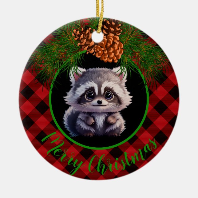 Rustic racoon black grey plaid pine cone  ceramic tree decoration (Front)