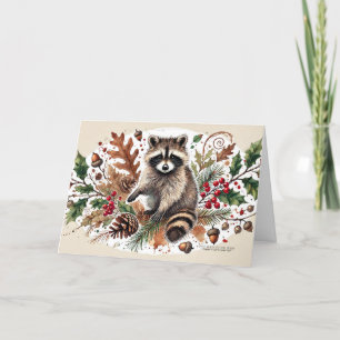 Rustic Racoon Pine Cones Holly Berries Acorns 3 Holiday Card