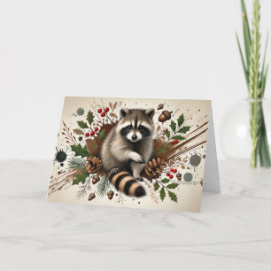 Rustic Racoon Pine Cones Holly Berries Acorns 4 Holiday Card