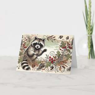 Rustic Racoon Pine Cones Holly Berries Acorns 6 Holiday Card
