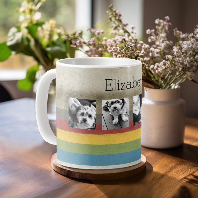 Rustic Rainbow Hipster 4 Photo Custom Collage Coffee Mug (Mug template with a place for photos and custom text)