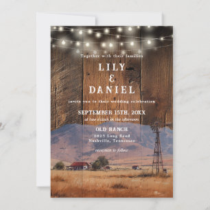 Rustic Ranch Barn Wood String Lights Wedding Invitation