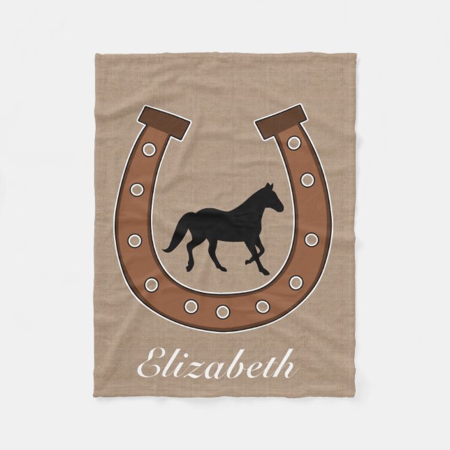 Rustic Ranch Western Horseshoe and Black Horse Fleece Blanket (Front)