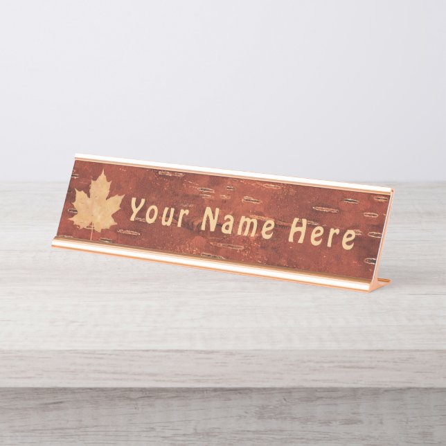 Rustic Raven On Inner Birch Bark Desk Name Plate (Front)