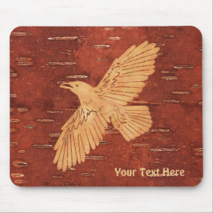 Rustic Raven On Inner Birch Bark Mouse Mat