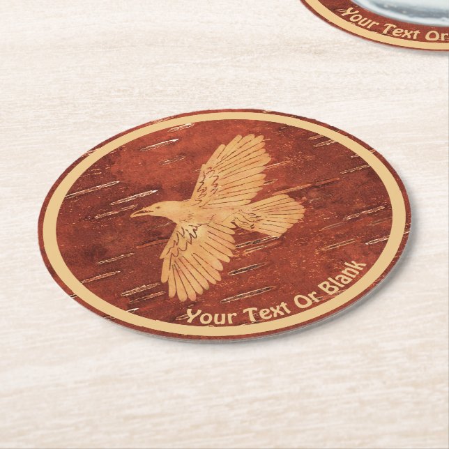 Rustic Raven On Inner Birch Bark Round Paper Coaster (Angled)