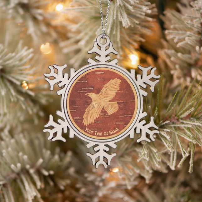 Rustic Raven On Inner Birch Bark Snowflake Pewter Christmas Ornament (Tree)