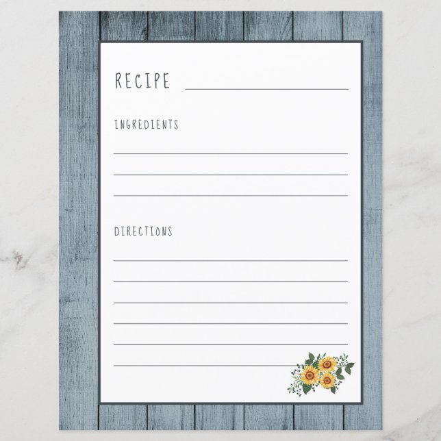 Rustic recipe page for cookbook binder organiser (Front)