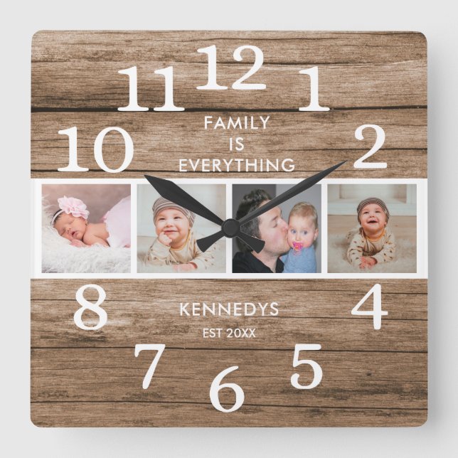 Rustic Reclaimed Wood 4 Photo Family Quote Square Wall Clock (Front)