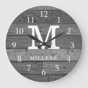 Rustic Reclaimed Wood Family Name Monogram Gray Large Clock