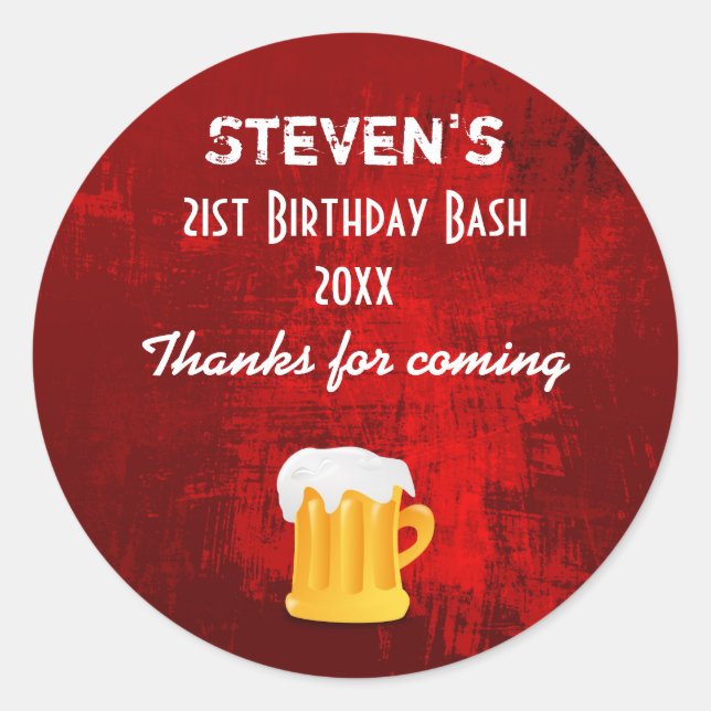 Rustic Red Abstract Birthday Bash with Beer Mug Classic Round Sticker (Front)