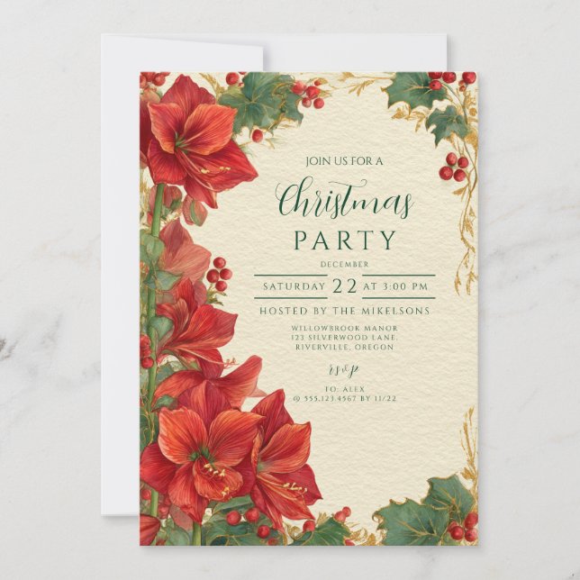 Rustic Red Amaryllis Christmas Invitation (Front)