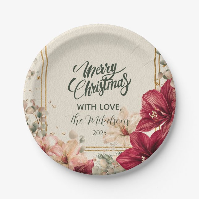 Rustic Red Amaryllis Christmas Paper Plate (Front)