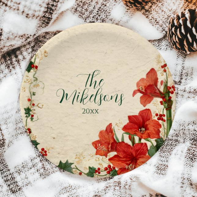 Rustic Red Amaryllis Christmas Paper Plate (Creator Uploaded)