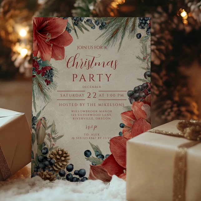 Rustic Red Amaryllis Christmas Party Invitation (Creator Uploaded)