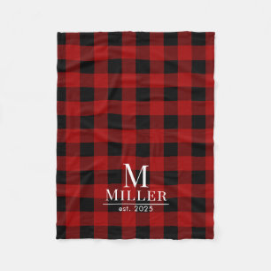 Rustic Red and Black Buffalo Check Monogram Name Fleece Blanket