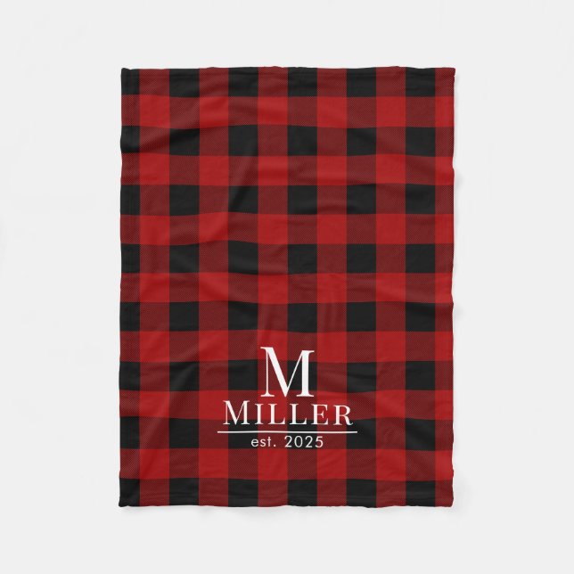 Rustic Red and Black Buffalo Check Monogram Name Fleece Blanket (Front)