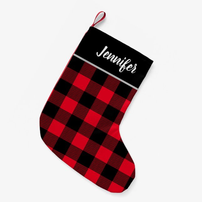Rustic Red and Black Buffalo Check Monogram Small Christmas Stocking (Front (Hanging))