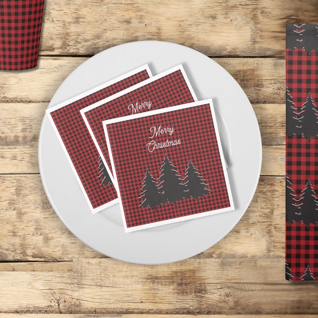 Rustic Red and Black Buffalo Plaid Christmas Trees Napkin (Creator Uploaded)
