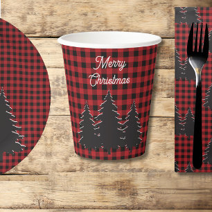 Rustic Red and Black Buffalo Plaid Christmas Trees Paper Cups