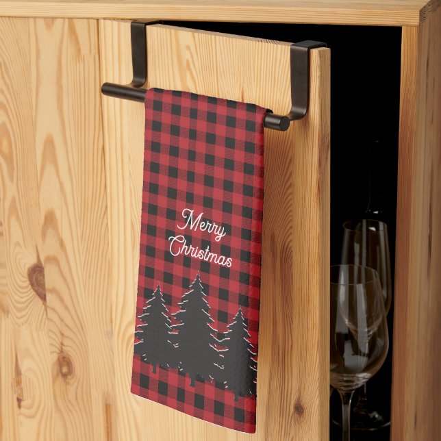 Rustic Red and Black Buffalo Plaid Christmas Trees Tea Towel (Thirds Fold)