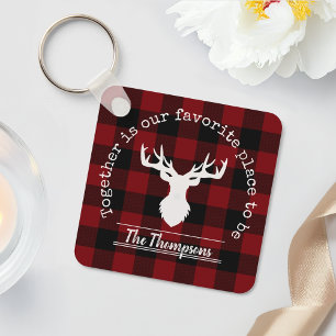 Rustic Red and Black Buffalo Plaid Family Name Key Ring