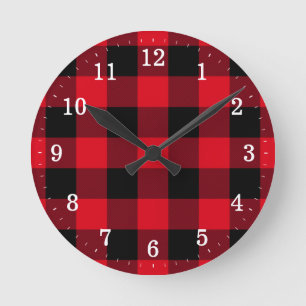 Rustic Red and Black Buffalo Plaid Round Clock