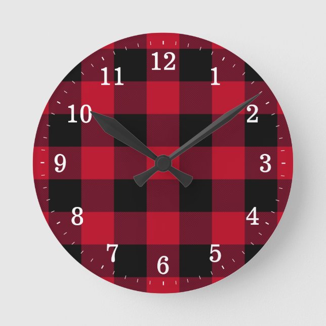 Rustic Red and Black Buffalo Plaid Round Clock (Front)