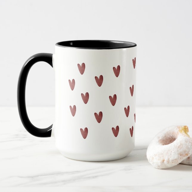 Rustic Red and Black Hearts Pattern Two-Tone Mug (With Donut)