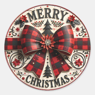 Rustic Red and Black Plaid Bow Christmas Holiday Classic Round Sticker