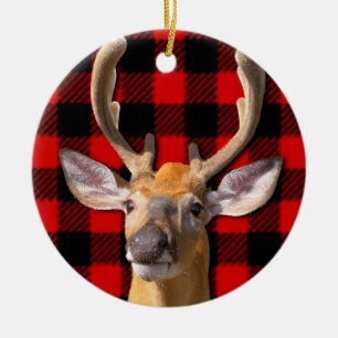Rustic red and black plaid - Deer Ceramic Tree Decoration