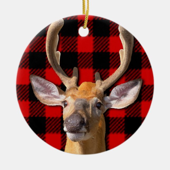 Rustic red and black plaid - Deer Ceramic Tree Decoration (Front)