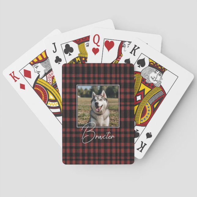 Rustic Red and Black Plaid Pattern Photo Playing Cards (Back)
