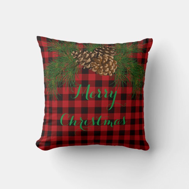 Rustic red and black plaid pine cone cushion (Front)