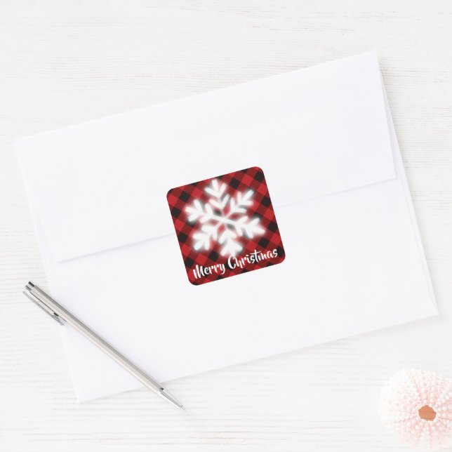 Rustic red and black plaid -snow flake  square sticker (Envelope)