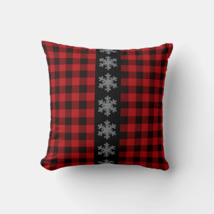 Rustic red and black plaid - snowflakes cushion
