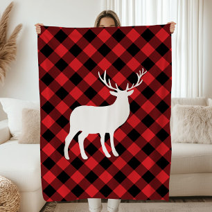 Rustic Red and Black Plaid White Stag Holiday Fleece Blanket
